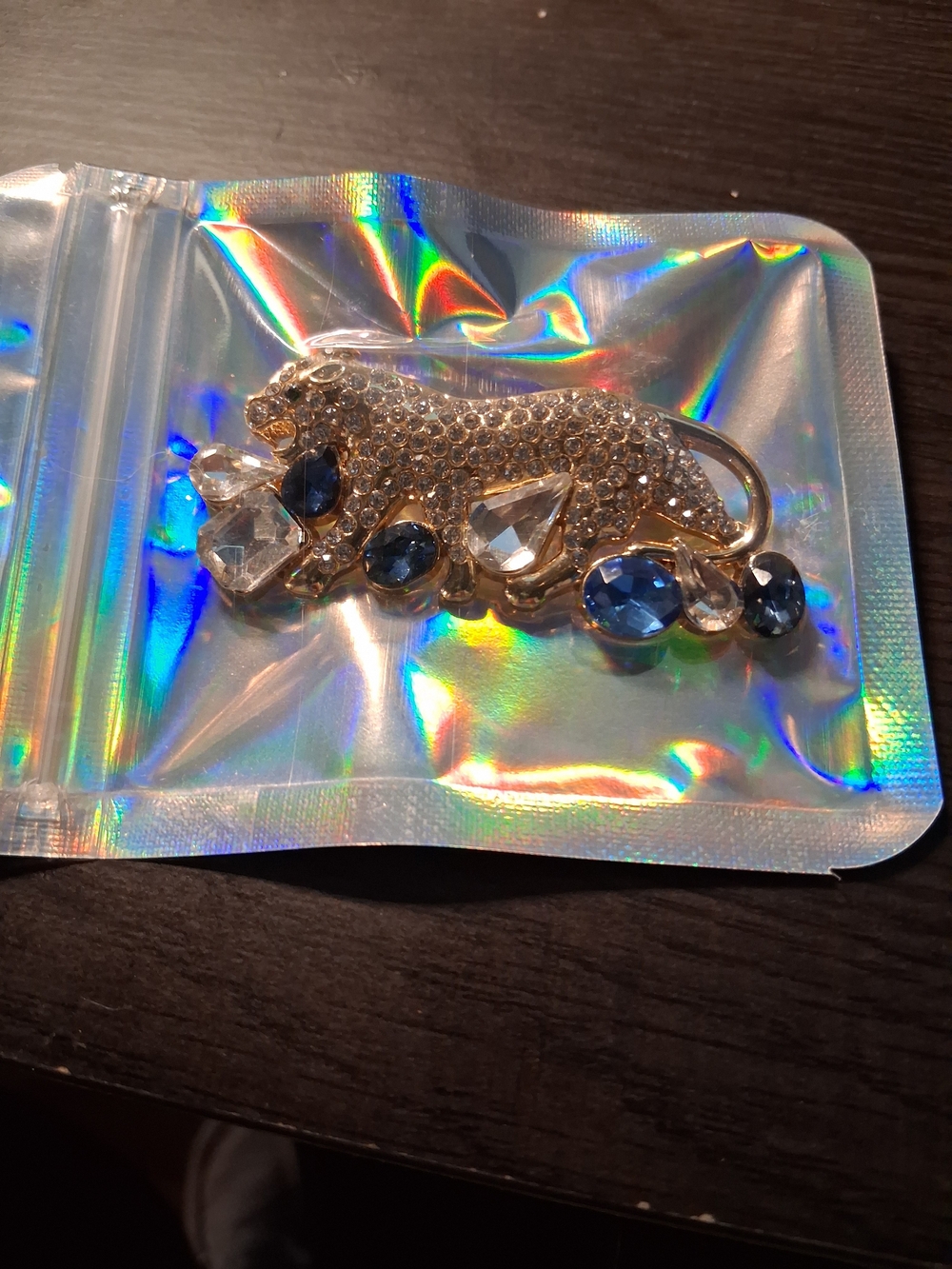 & Other Stories Gold Panther Brooch with Blue and Clear Stones